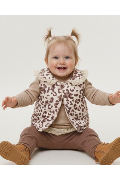VOY KİDS Baby Girl Leopard Patterned Inflatable Vest Set , 2-3-4 Years Old with Tights Transitional Stylish 3-Piece Combination Set