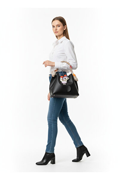 Livenda حقيبة يد وكتف سوداء مع وشاح، مع حزام سلسلة، وسلسلة مفاتيح مع مرآة كهد...