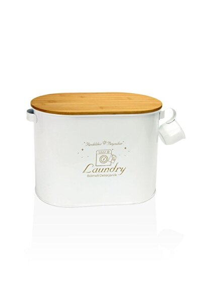 LeylArt 12 Lt Bambu Kapaklı Ölçekli Metal Toz Deterjan ve Tablet Saklama Kutusu – Beyaz