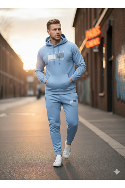 NİCE Three Thread Compact Hooded Inside Cotton Paris Dream Maker B Printed Premium O Oversized Tracksuit Set