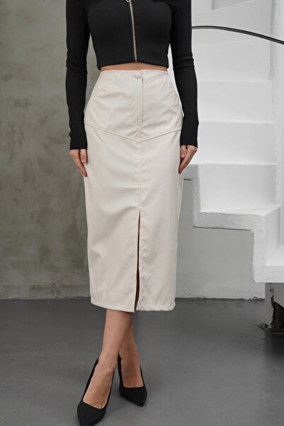 TH COLLECTİON Slit Long Leather Skirt Cream - L