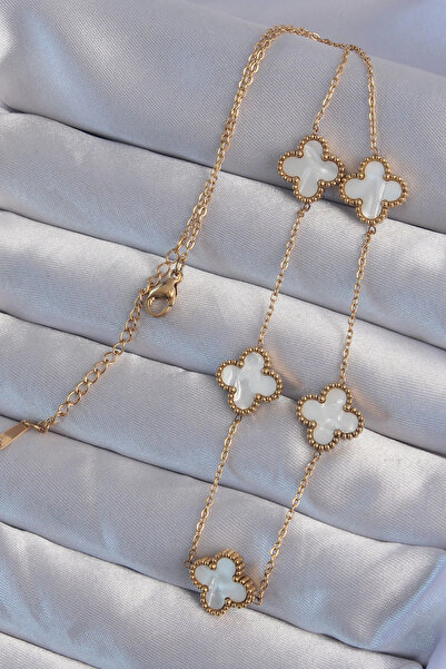 HarmonyAura 316L Steel Gold Color White Pearlescent Clover Necklace