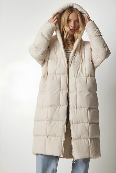 BY SCK Palton lung supradimensionat pentru femei cu glugă – Bej