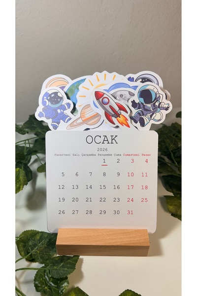 Handeto Kraft Uzay Temalı Ahşap Ayaklı Özel Tasarım Takvim 2026 Takvim Masa Takvimi Öğretmenler Günü Yılbaşı