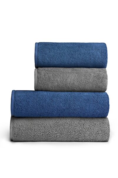 OEM Set of 4 Premium Pure Terry Towels (2x70x140 cm, 2x50x100 cm) - Grey & Indigo