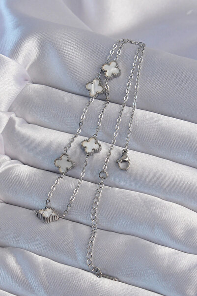 HarmonyAura 316L Steel Silver Color Minimal White Pearlescent Clover Necklace