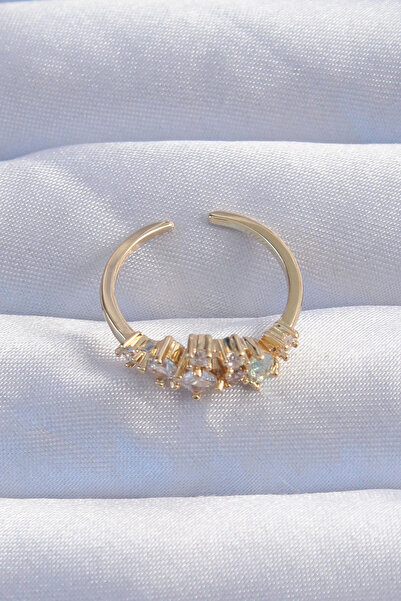 HarmonyAura Brass Gold Color Zircon Jewelled Drop Detail Adjustable Ring