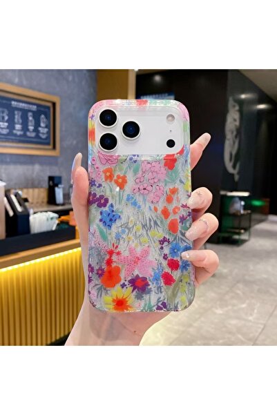 HYPERSOFT Iphone 17 (6.3 inç) Uyumlu Simli Görünüm Flowers Desenli Şık Kılıf