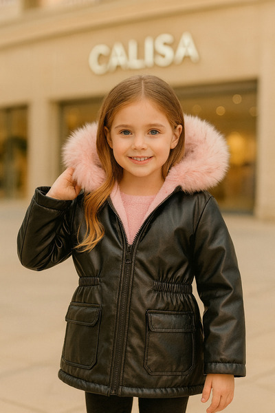 Calisa Girl's Leather Fur Winter Coat – Plush Lined, Hooded , Warm and Stylish Outerwear