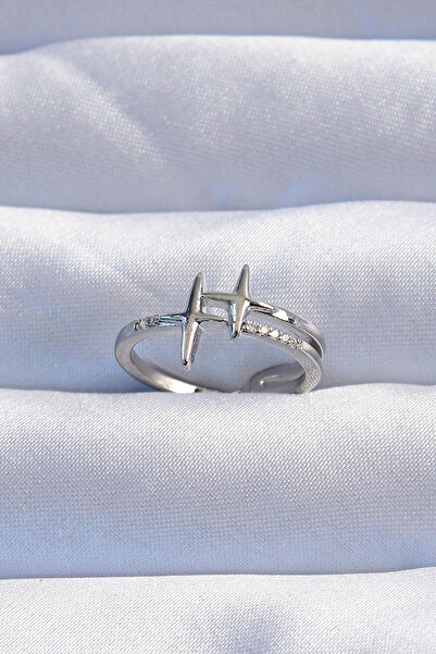 HarmonyAura Brass Silver Color Zircon Stone 2-Piece Appearance Adjustable Star Model Ring