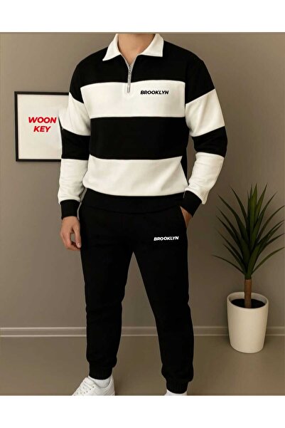 woonkey Men's Thick Striped Tracksuit Set Brooklyn Printed 3-Thread Cotton Set