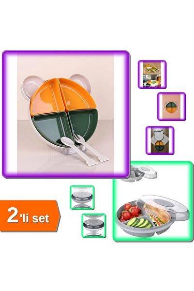 HerEveOyuncak 4 Bölmeli Ayıcık Tabldot Mama Tabağı Kaseli Tepsili + 3 Bölmeli...