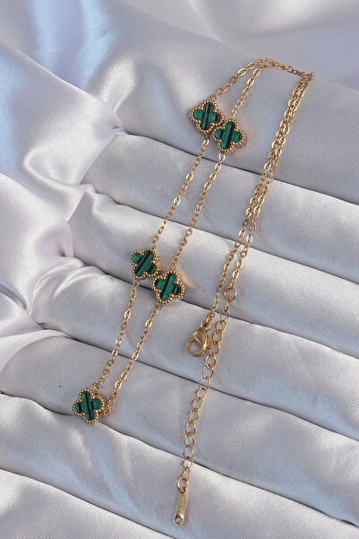 HarmonyAura 316L Steel Gold Color Minimal Green Enamel Clover Necklace
