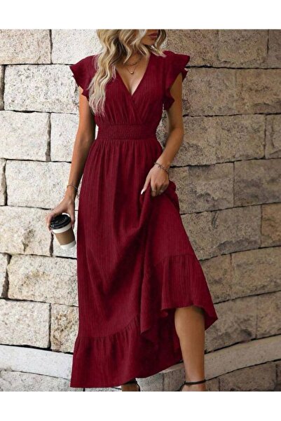 GÜLÇİNCE Bordo Uzun Fashion Kadın Elbise %85 Pamuk S-M-L-XL-2XL-3XL