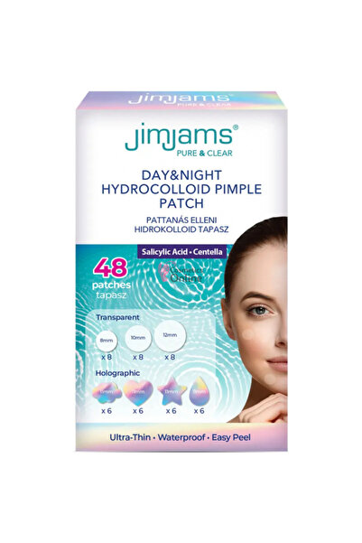 JimJams Acne patches, pimples, JimJams, Day&Night Pure & Clear Hydrocolloid Patch, BHA+HA, 48 pcs, red
