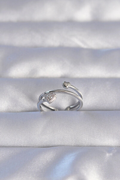 HarmonyAura Brass Silver Color Zircon Stone Heart Model Adjustable Ring