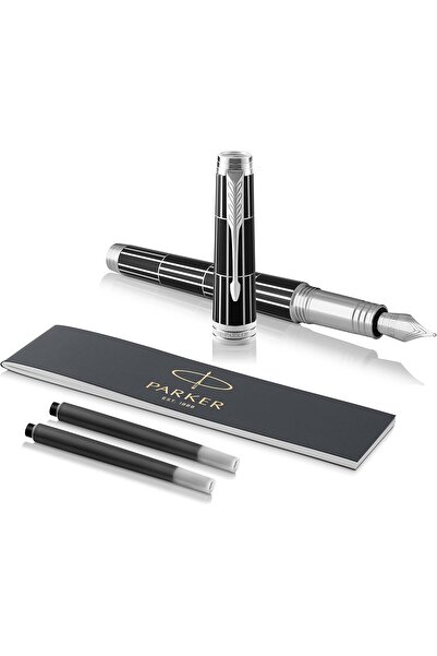 Parker Parker Premier Luxury Fountain Pen with Black and Silver Edges | Medium Solid Gold Nib | Gift Box | 6895