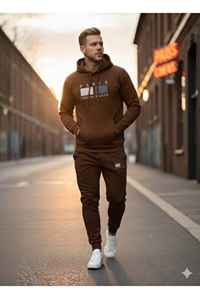 NİCE Three Thread Compact Hooded Inside Cotton Paris Dream Maker B Printed Premium O Oversized Tracksuit Set