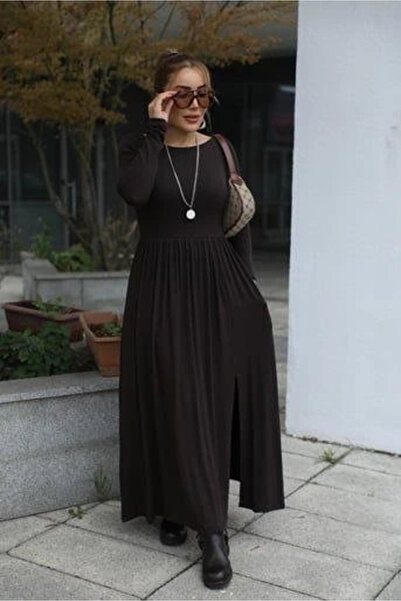 Silerra Women's Boat Neck Backless and Slit Detail Maxi Dress