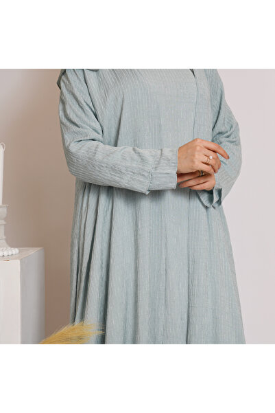 HAWRAA ABAYA Tiffany blue quarter-circle wrap abaya with striped fabric and matching dress
