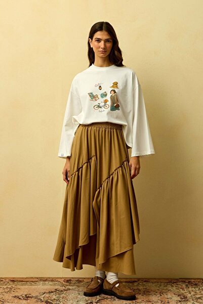 Ceylan Otantik Ecru Bisiklet Printed Basic Body & Caramel Polyviscon Bohemian Floor Skirt Set