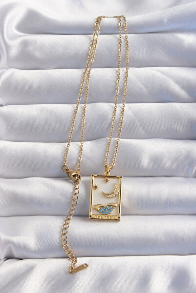 HarmonyAura 316L Steel Chain Gold Color Moon Detail Blue Zircon Stone Tarot Necklace