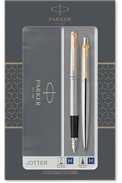 Parker Jotter Duo Gift Set – Stainless Steel Ballpoint & Fountain Pen, Gold Trim, Blue Ink