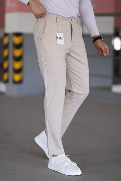 DOPPİO'N DENİM Men's Beige Slim Fit Flexible Lycra Linen Trousers