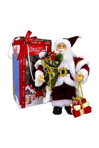 velve Animated Santa Claus singing and dancing, with gift package and festive bouquet, 35 cm, Red-White