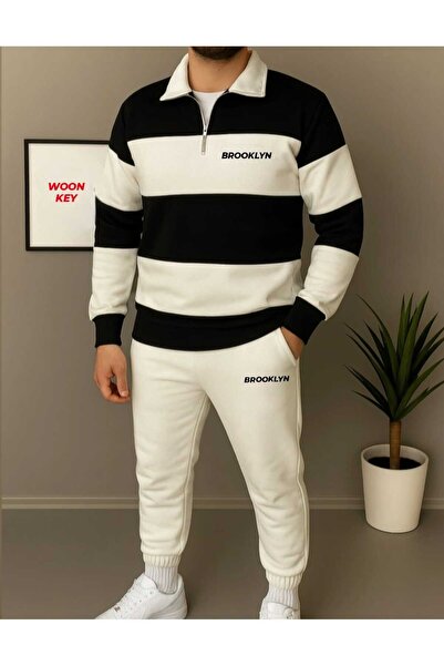 woonkey Men's Thick Striped Tracksuit Set Brooklyn Printed 3-Thread Cotton Set