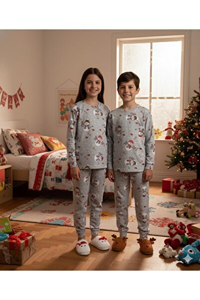 Yağmur Giyim Isob Gray New Year Patterned Interlock 100% Cotton Unisex Girls and Boys Pajama Set 3-13 Years Old 4226-