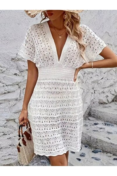 GÜLÇİNCE Beyaz Triko Şık Deniz Plaj Kumsal Party Kadın Elbise