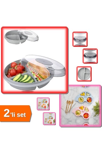HerEveOyuncak 3 Bölmeli Kapaklı Pratik Kahvaltılık + Mama Tabağı Tabldot Araba - 2li Set T2Y4P6