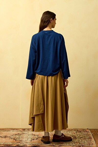 Ceylan Otantik Navy Blue Bicycle Printed Basic Body & Caramel Polyviscon Bohemian Floor Skirt Set