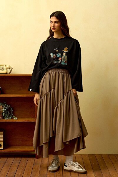 Ceylan Otantik Black Bicycle Printed Basic Body & Mink Polyviscon Bohemian Floor Skirt Set