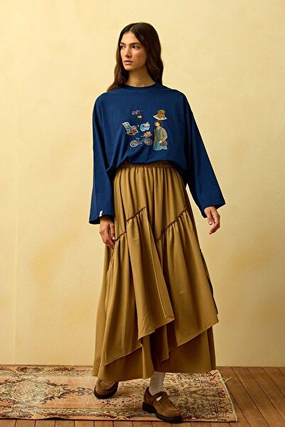 Ceylan Otantik Navy Blue Bicycle Printed Basic Body & Caramel Polyviscon Bohemian Floor Skirt Set