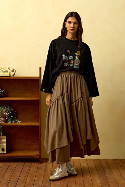 Ceylan Otantik Black Bicycle Printed Basic Body & Mink Polyviscon Bohemian Floor Skirt Set