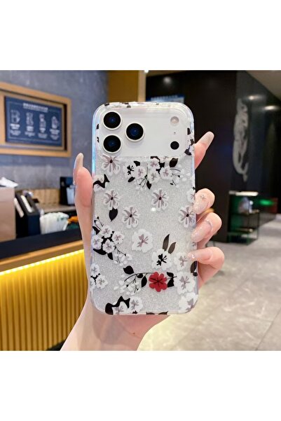 HYPERSOFT Iphone 13 Pro Max (6.7 inç) Uyumlu Simli Görünüm Flowers Desenli Şı...