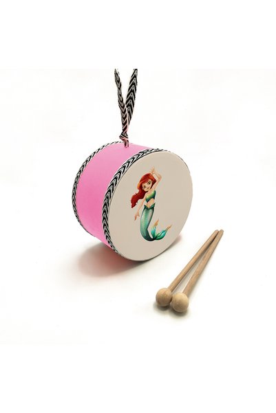 Souvenest Mermaid Printed Leather Children's Drum - Pink 17cm |   Pink Drum |   Dg-Deniz_Kizi