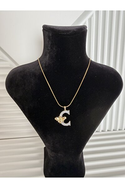 AKSESUARIM ZİRKON TAŞLI,GOLD RENK, ARI DETAYLI, ŞIK TASARIM ÇELİK HARF KOLYE