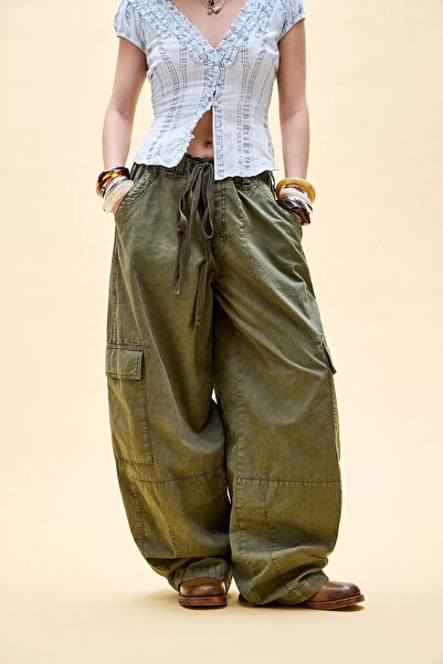 september island Jenna Khaki Wide Leg Adjustable Waist Cargo Pants