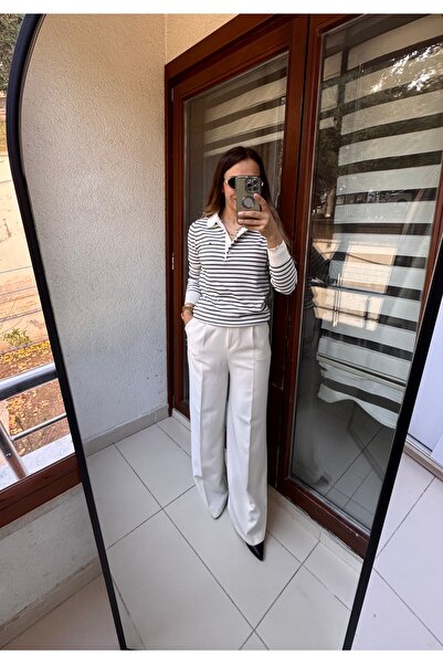 Marka Butikmayamoda Tmmy Polo Yaka Beyaz siyah Cizgili Triko Kazak