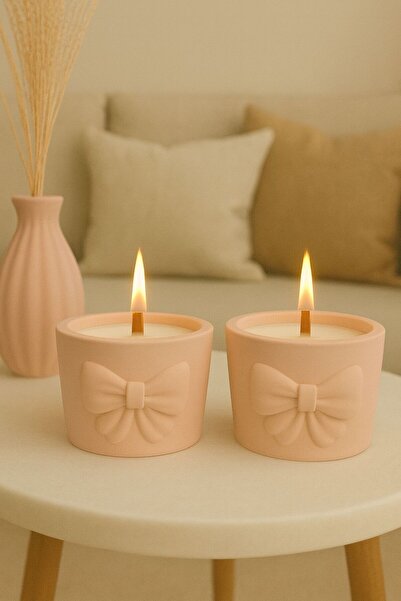 Havalı Tasarım 2 Li Pastel Kurdele Motifli El Yapımı Mum