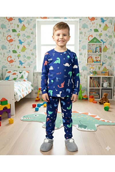 Yağmur Giyim İsob Navy Blue Dinosaur Patterned Interlock 100% Cotton Boys Pajama Set 3-13 Years 42002