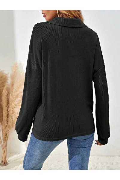 JANES Women's Long Sleeve Collared Buttoned Loose Waffle Blouse