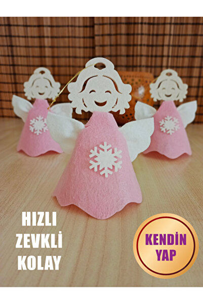 Pembe Elbiseli Keçe Melek 3'lü Set Yılbaşı Süsü - Kendin Yap Kolay Montessori Aktivite
