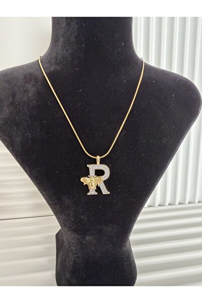 AKSESUARIM Zircon Stone, Gold Color, Bee Detail, Stylish Design Steel Letter Necklace