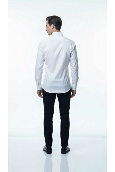Plus Scorpion Ανδρικό λευκό κλασικό πουκάμισο – εφαρμοστό , Απλό σχέδιο, κομψό γραφείο και καθημερινό συνδυασμό
