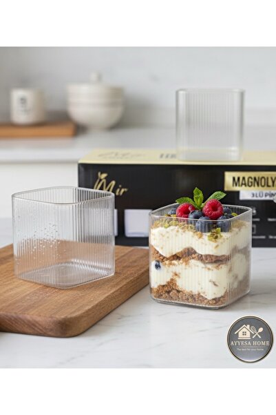 GenelTedarik AYYESA HOME 3'lü Çizgili Kare Cam Magnolya ve Tatlı Sunum Kabı Seti | Yüksek Borosilikat