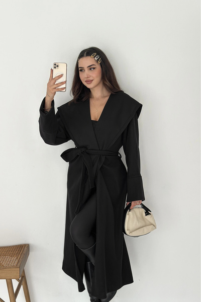 EFFEN Waist-tied long hooded cashmere coat